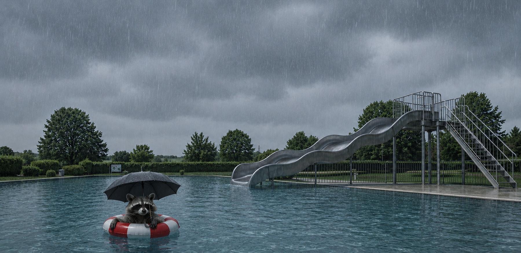 Freibad mit Wellenrutsche. Es regnet. Ein Waschbär sitzt in einem Schwimmreifen samt Regenschirm im Wasser.